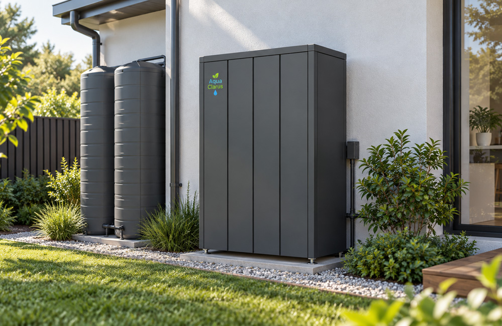 Aqua Clarus M800sx beside a home with separate rainwater tanks